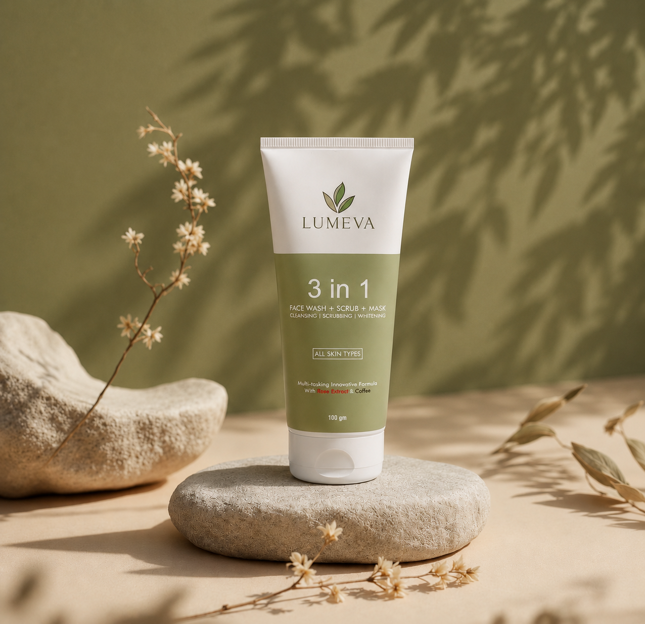 Lumeva 3 in 1 skincare tube on a stone surface with natural background