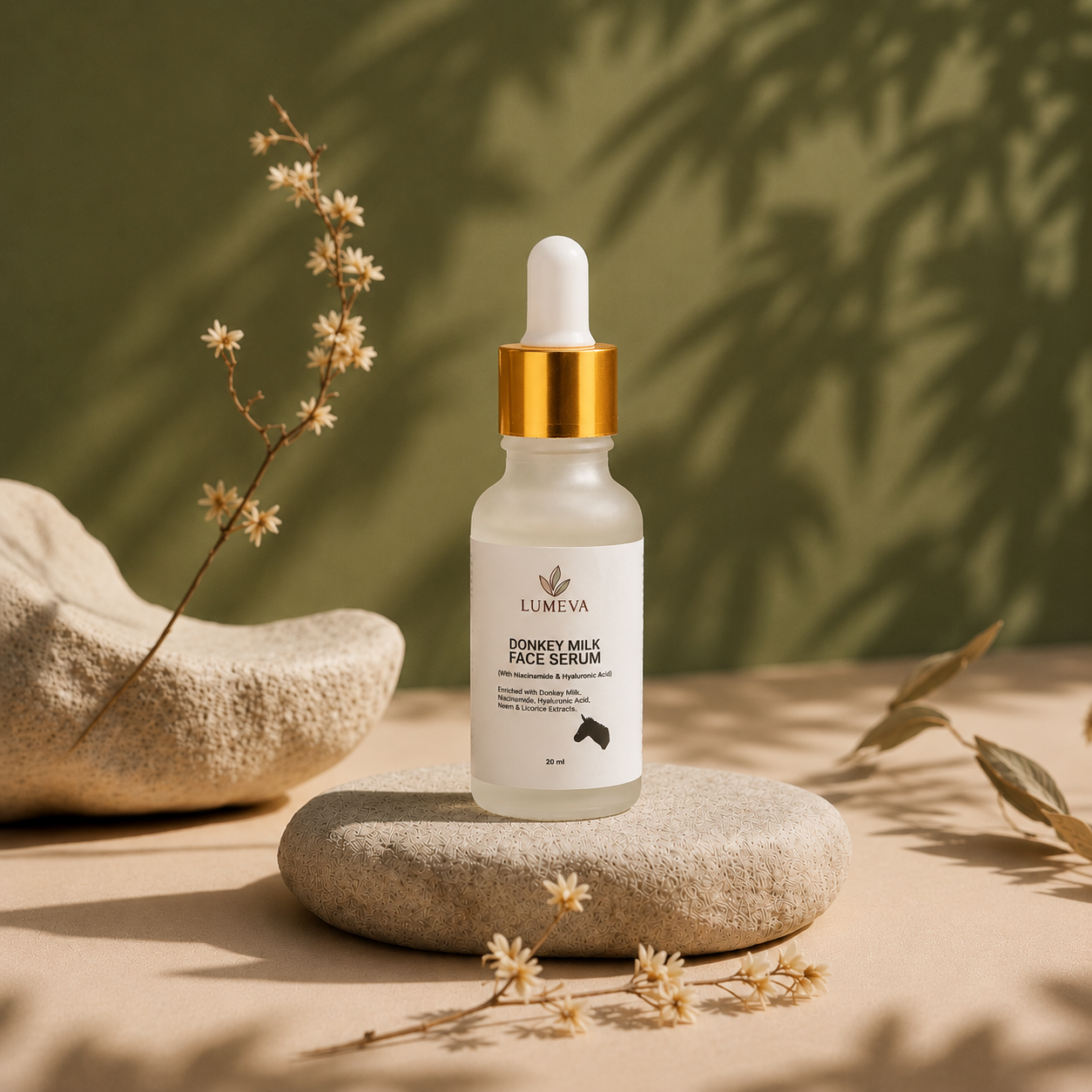 Lumeya Donkey Milk Face Serum bottle on a stone surface with natural elements