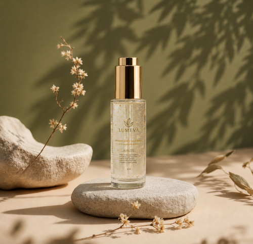 Lumeva skincare bottle on a stone with natural background