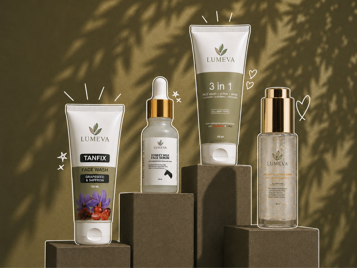 Lumeva skincare products on a brown background