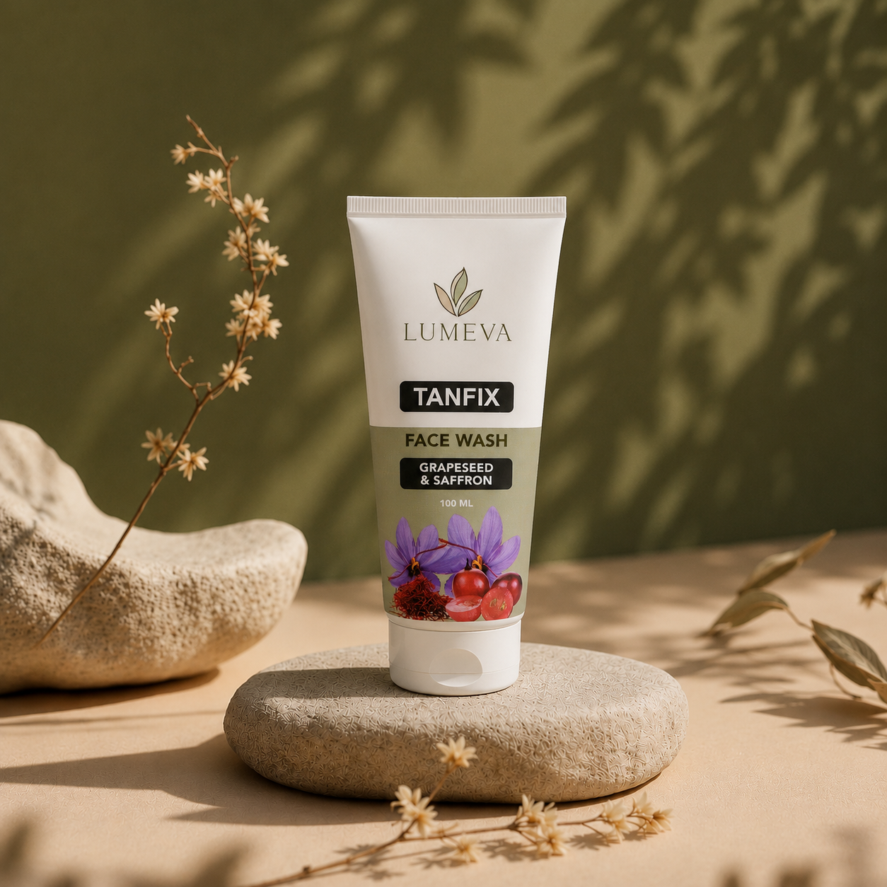 Lumeva Tanfix Face Wash tube on a stone with natural background