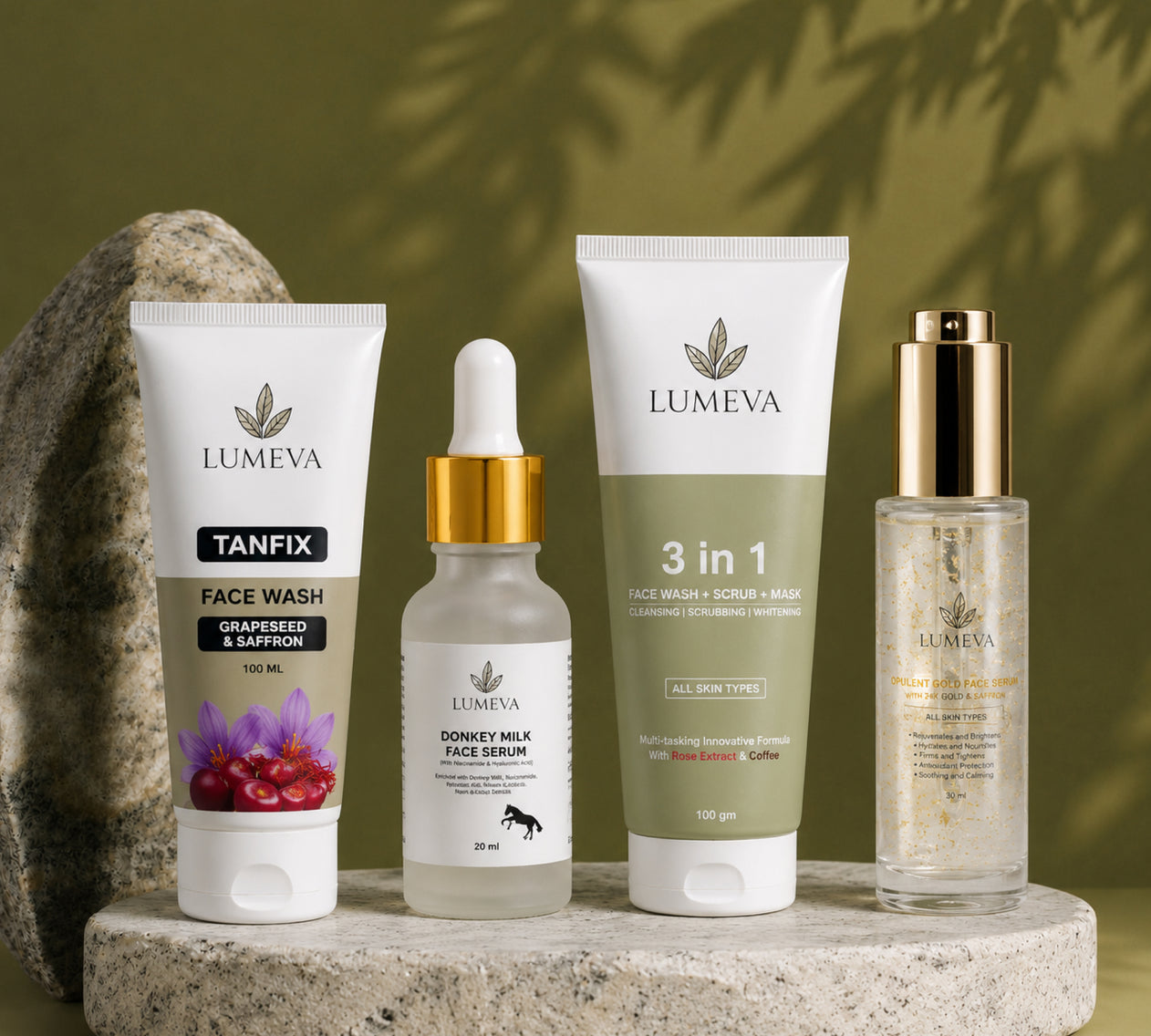Lumeva skincare products including face wash, serum, and oil on a stone surface with a natural background.