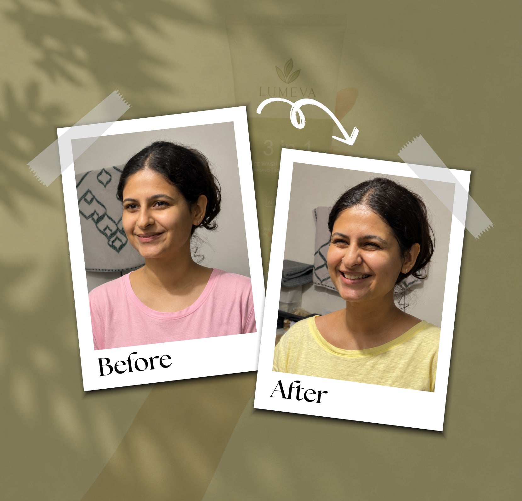 Before and after comparison of a woman with text labels on a green background