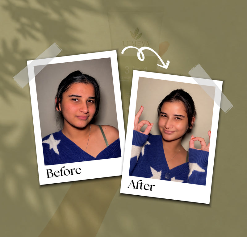 Before and after comparison of a person  on a green background.