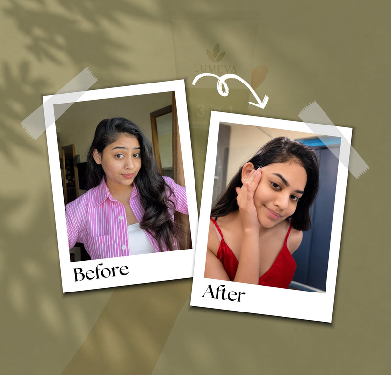 Before and after comparison of a woman with a green background