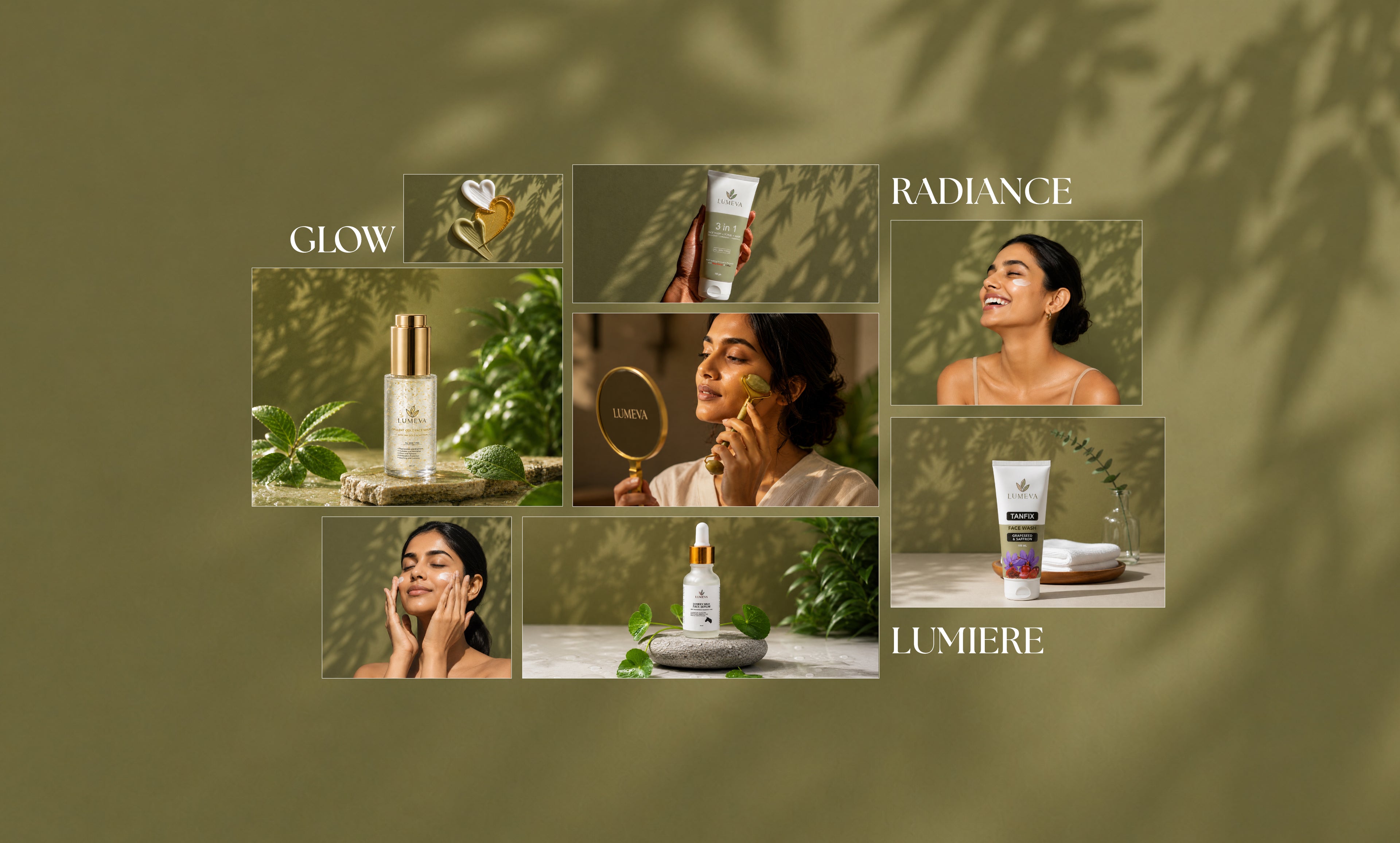 Collage of skincare products with a woman applying cream, set against a green leafy background.