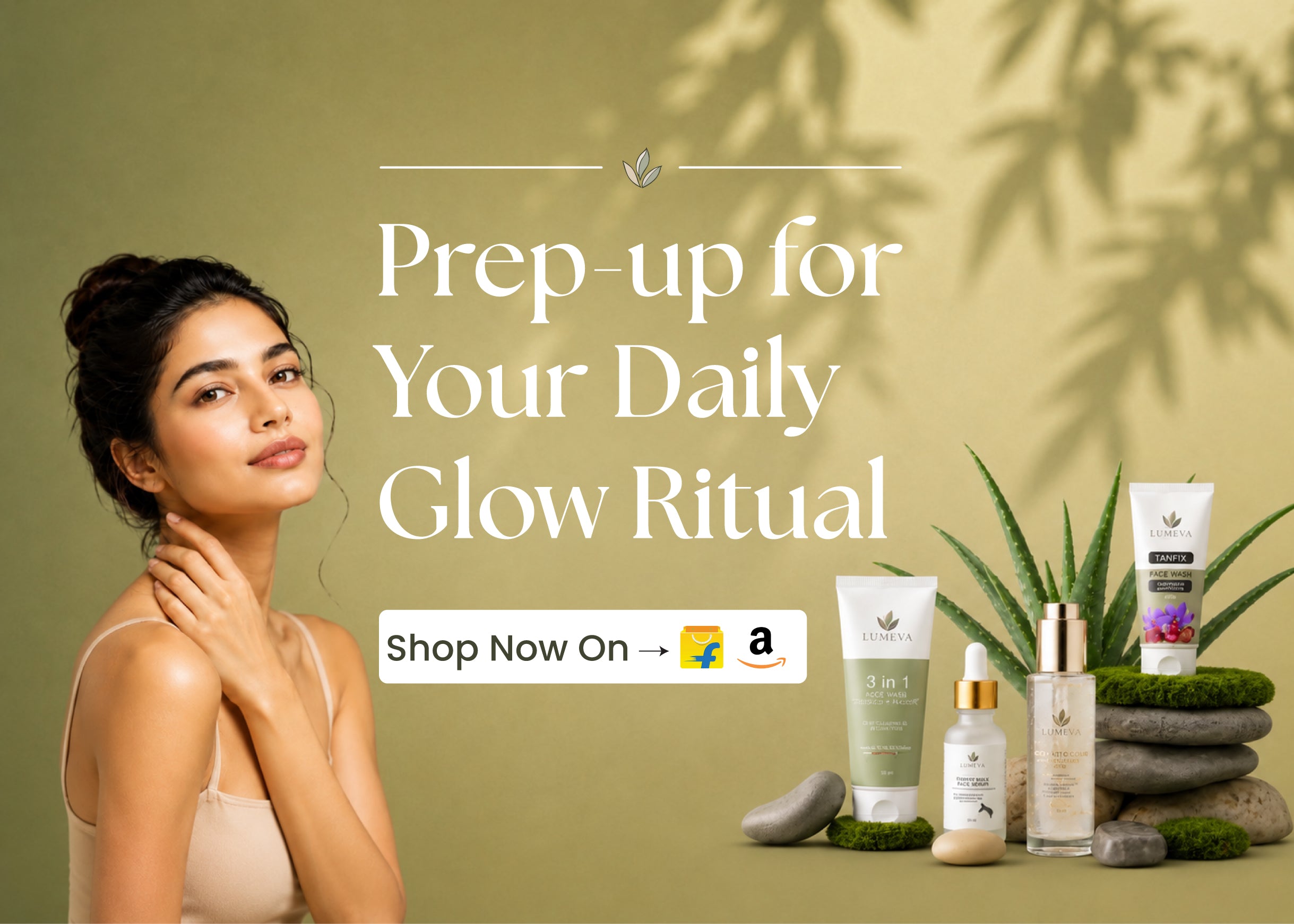 Woman with a serene expression, surrounded by skincare products and text promoting a daily glow ritual on a green background.
