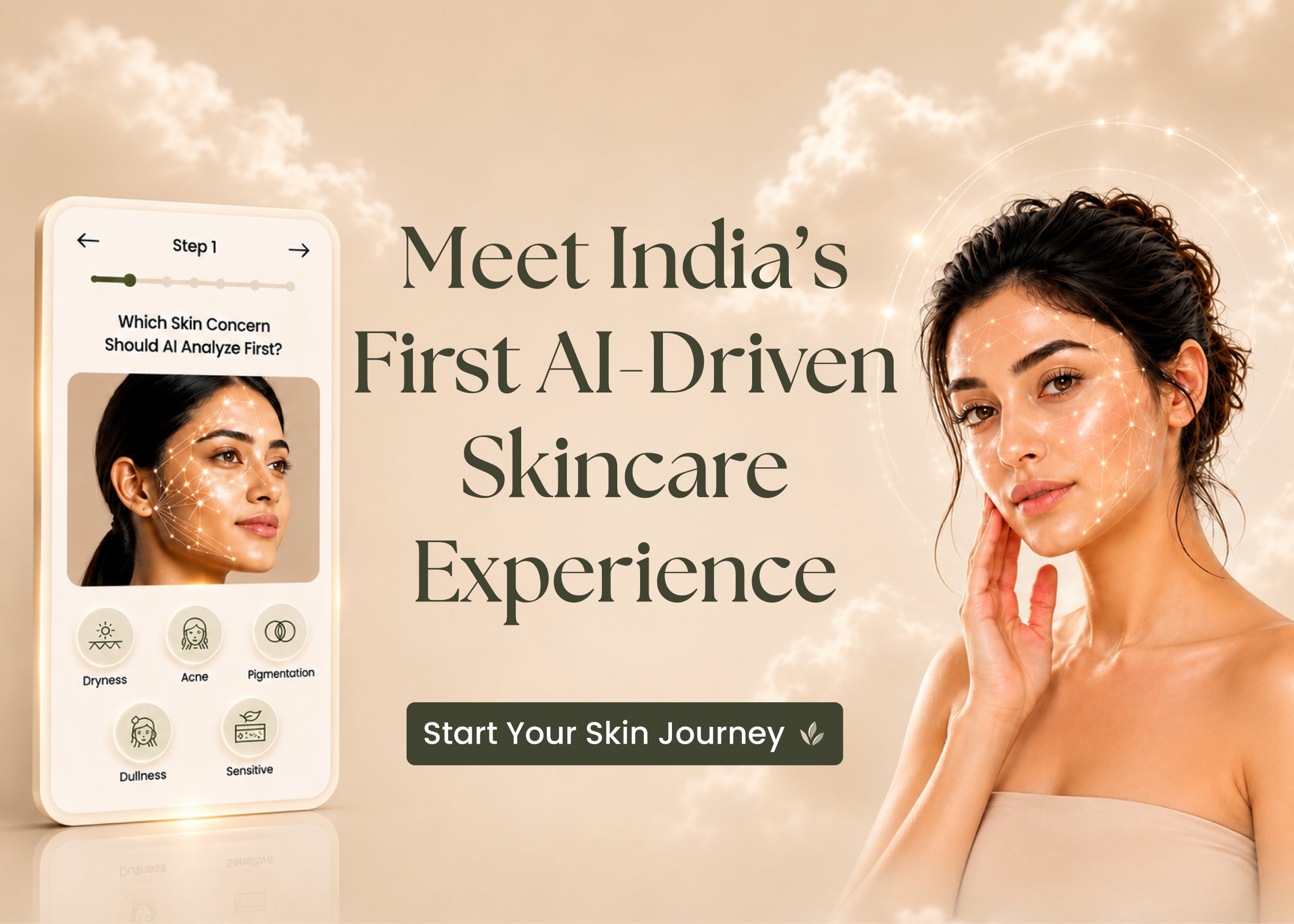 Advertisement for India's first AI-driven skincare experience with a woman touching her face and a smartphone app.