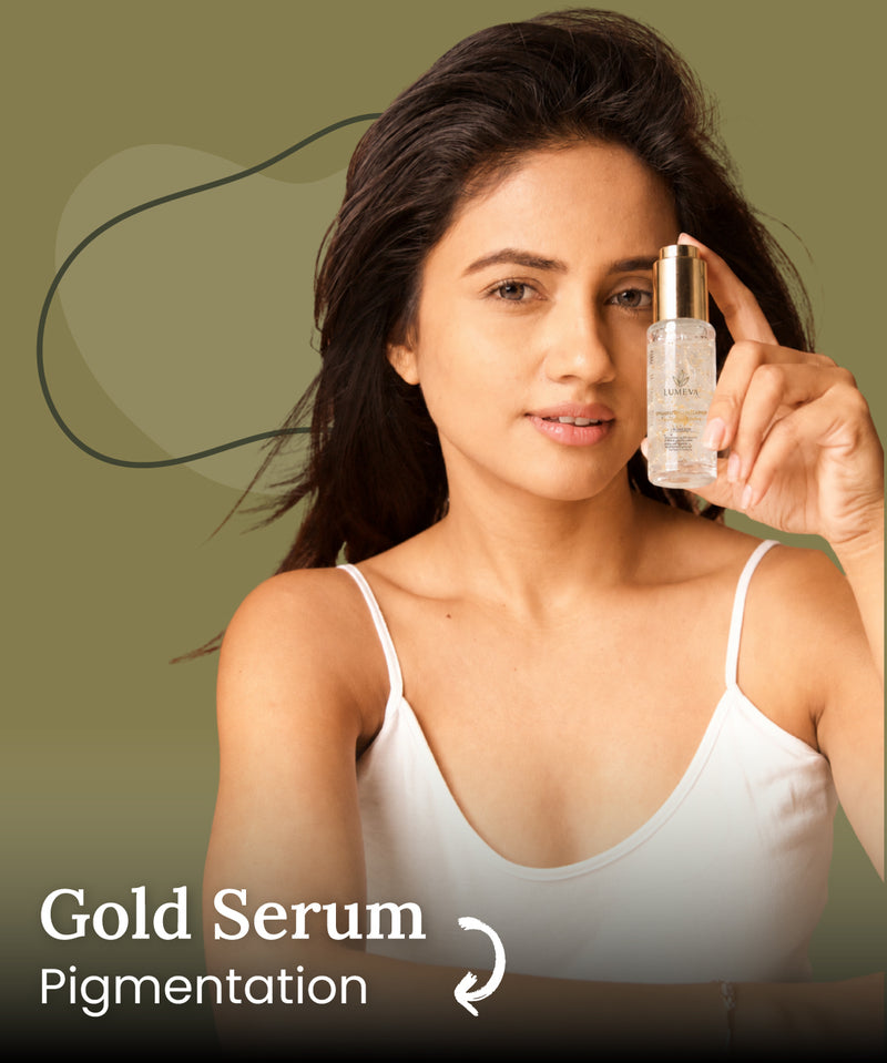 Woman holding  gold serum with text 'Gold Serum Pigmentation' on a green background