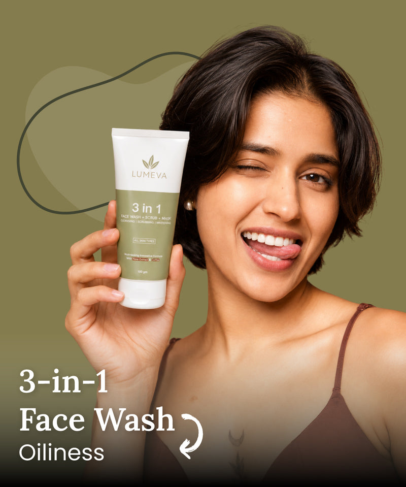 Woman holding a 3-in-1 face wash with a green background
