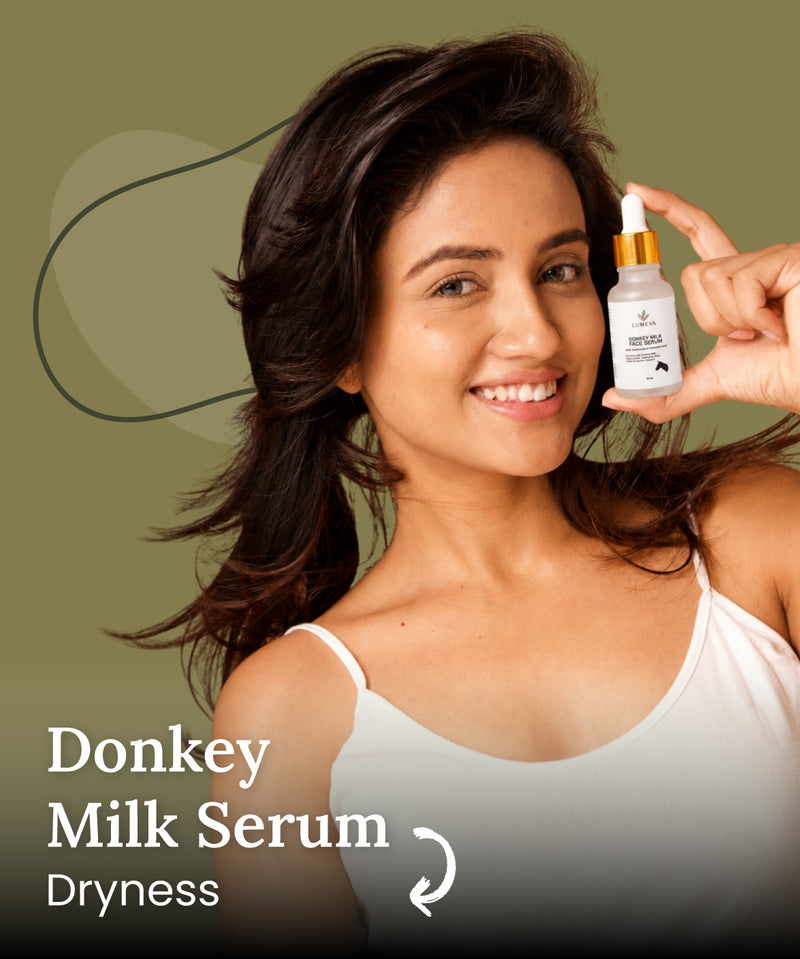 Woman holding a bottle of donkey milk serum with text indicating it's for dryness.