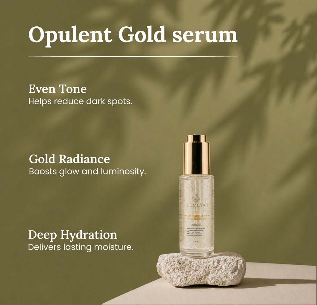 Opulent Gold serum bottle with text on a green background