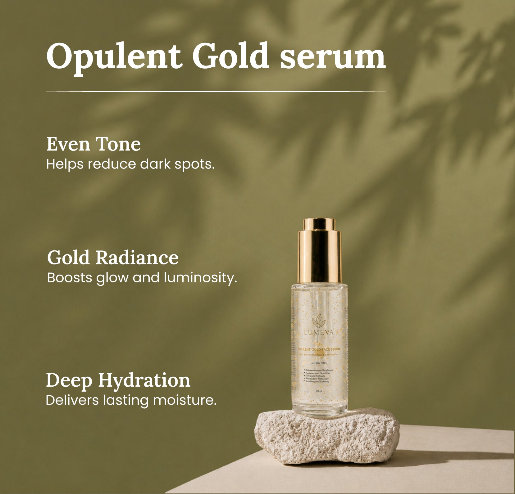 Opulent Gold serum bottle with text on a green background