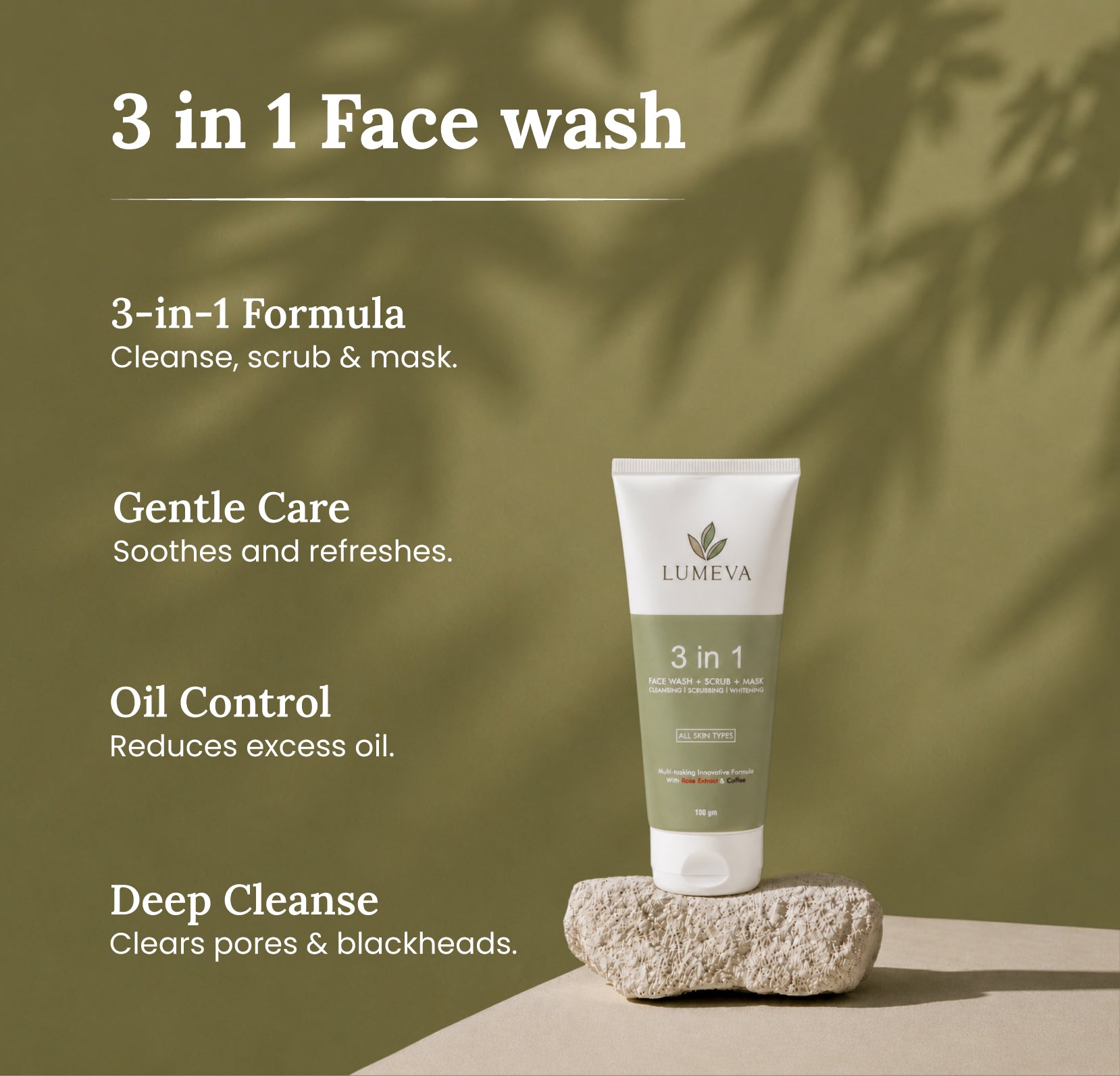 Lumeva 3-in-1 face wash tube on a rock with green leafy background