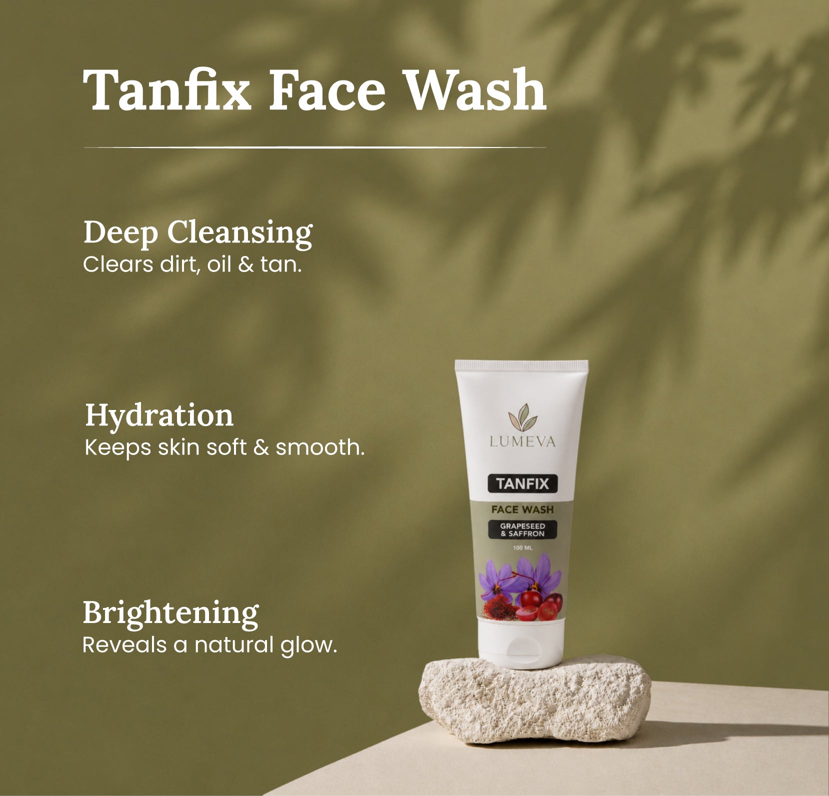 Tanfix Face Wash tube with benefits listed on a green background