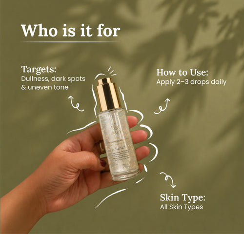 Hand holding a skincare serum bottle with text on a green background
