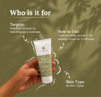 Lumea skincare product with usage instructions and target issues on a green background