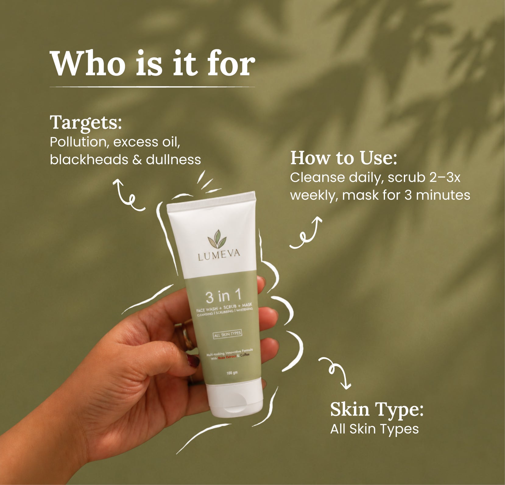 Lumea skincare product with usage instructions and target issues on a green background